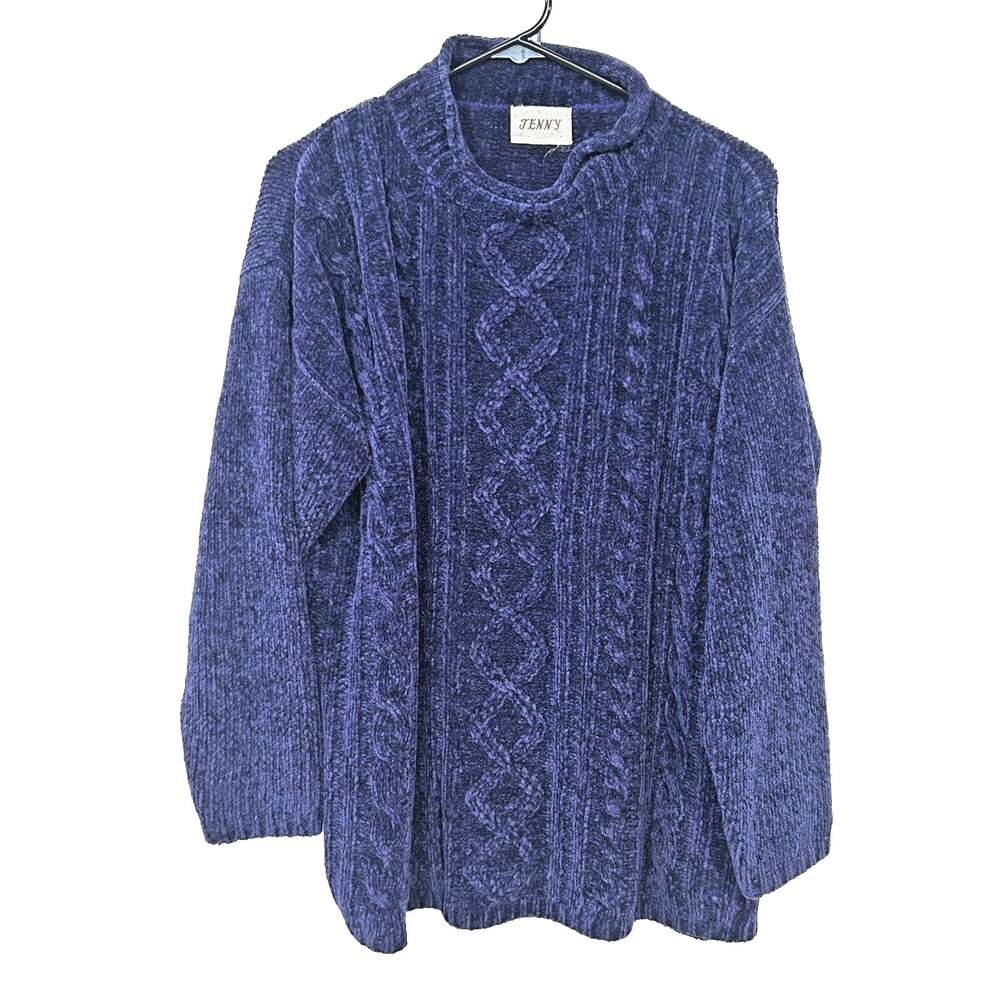 Blue Chenille Cable Knit Mock Neck Sweater M VTG Inspired Grannycore‎ Cozy Retro